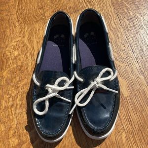Navy, Cole Hann, 6.5, Patent leather boat shoes